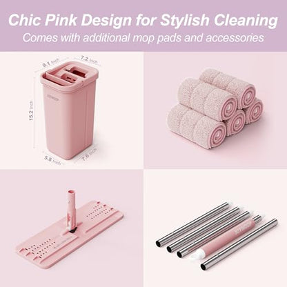 JOYMOOP Pink Mop and Bucket with Wringer Set for Home, with 5 Reusable Microfiber Mop Pads, Hands-Free Self-Cleaning System, Suitable for Floor Cleaning and Wall Cleaner - size: Middle Pink Bucket #13 + 60" Flat Mop + 5 Pads