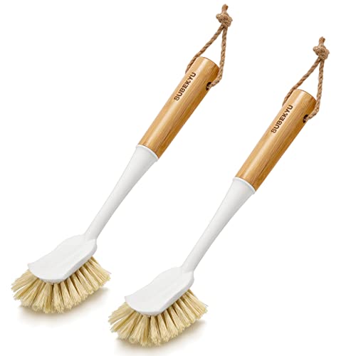 SUBEKYU Dish Brush with Bamboo Handle, Kitchen Dish Scrubber Built-in Scraper, Scrub Brush for Cleaning Pans/Pots/Sinks, Sisal Bristles, 2P - color: Wide 2p