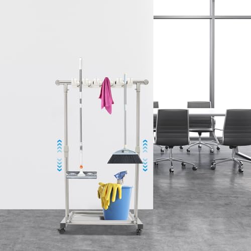 Broom Mop Holder, Movable Put Wet Mops Broom Floor Standing Cleaning Tool Rack 6 Hook and 5 Slots, Stainless Steel Cleaning Supplies Organizer for Home Schools Hospitals Factories Hotels Restaurant