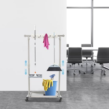 Broom Mop Holder, Movable Put Wet Mops Broom Floor Standing Cleaning Tool Rack 6 Hook and 5 Slots, Stainless Steel Cleaning Supplies Organizer for Home Schools Hospitals Factories Hotels Restaurant