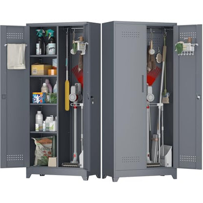 Metal Tool Storage Cabinet, Broom Closet with Hooks, 72.8" Tall Garage Cabinet with Shelves, Heavy-Duty Cleaning Storage for Utility Room, Gym, Office, Garage - color: 73"h-broom Cabinet / Grey