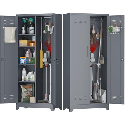 Metal Tool Storage Cabinet, Broom Closet with Hooks, 72.8" Tall Garage Cabinet with Shelves, Heavy-Duty Cleaning Storage for Utility Room, Gym, Office, Garage - color: 73"h-broom Cabinet / Grey