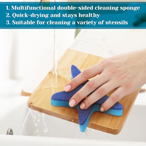 Tioncy 12 Pack Starfish Kitchen Sponges Bulk Dual Sided Scrubber Sponges Dishwashing White Blue Kitchen Cleaning Accessories for Household Supplies