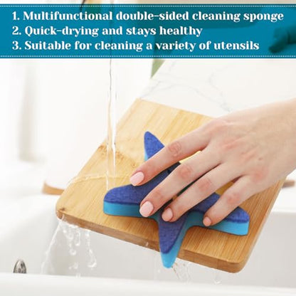 Tioncy 12 Pack Starfish Kitchen Sponges Bulk Dual Sided Scrubber Sponges Dishwashing White Blue Kitchen Cleaning Accessories for Household Supplies