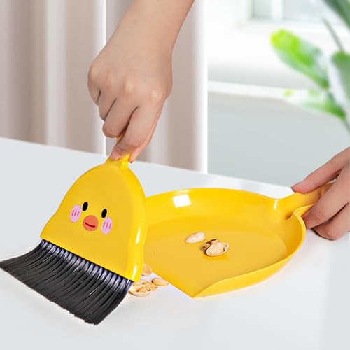 Cute Mini Broom and Dustpan Set, Small Yellow Dust Pan and Brush Set for Cleaning Tabletop, Compact Handheld Dustpan