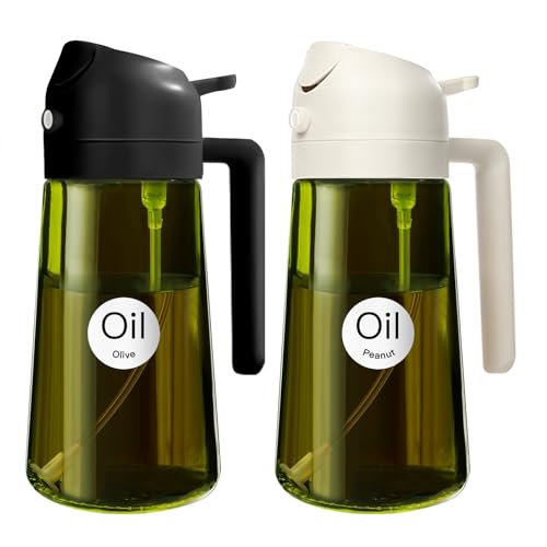 YARRAMATE 16oz/470ml 2PCS Light Blockage Dark Oil Sprayer for Cooking, 2 in 1 Olive Oil Dispenser Bottle for Kitchen, Green Glass Oil Bottle, Food-Grade Oil Mister for Air Fryer, BBQ (Black & White) - color: 15_2Pcs Black&White