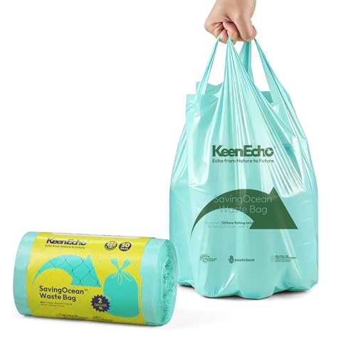 2 Gallon 50 Counts Small Green Trash Bags with Handle, Ocean Fishing Nets Upcycling, Sage & Sea Salt Scented, Plastic Garbage Bags, Waste Bag for Bathroom, Kitchen, Office and Pets - color: 2 Gal, size: 1 Roll
