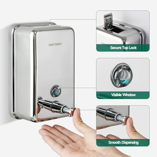 anydry Commercial Manual Soap Dispenser, Durable Polished Stainless Steel Finish, 37oz (1100ml) Liquid, Wall-Mounted for Bathroom & Kitchen - color: Polished