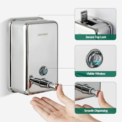 anydry Commercial Manual Soap Dispenser, Durable Polished Stainless Steel Finish, 37oz (1100ml) Liquid, Wall-Mounted for Bathroom & Kitchen - color: Polished