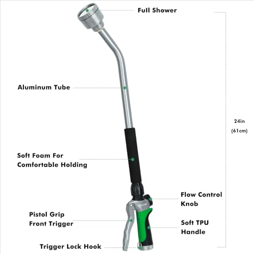 RESTMO Long Watering Wand, 24 Inches Gentle Soft Full Shower Sprayer Wand with Flow Control, Heavy Duty Metal Hose Wand for Hanging Baskets, Shrubs, Plants, Flowers, Garden and Lawn - color: Green