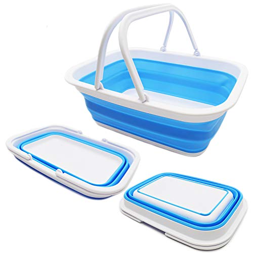 SAMMART 9.2L (2.37Gallon) Collapsible Tub with Handle - Portable Outdoor Picnic Basket/Crater - Foldable Shopping Bag - Space Saving Storage Container (1, White/Marine Blue) - color: White/Marine Blue
