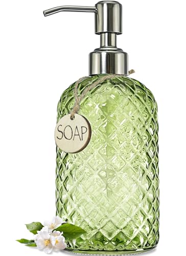 JASAI 18Oz Tea Green Soap Dispenser with Rust Proof Pump, Refillable Glass Soap Dispenser for Bathroom & Kitchen to Dispense Dish Soap, Hand soap, Lotion. - color: Green