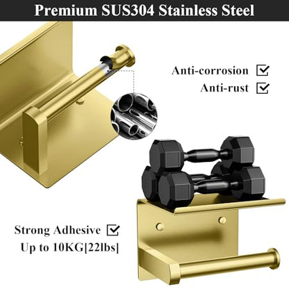 Tindbea Toilet Paper Holder with Phone Shelf, Adhesive or Screw Wall Mount Toilet Tissue Roll Holder, Rustproof & Multifunctional Stainless Steel Bathroom Storage Dispenser (Brushed Gold) - color: E-brushed Gold