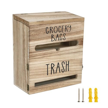 2 in 1 Trash Bag Dispenser, Double Wall Mounted,Wood Trash Bag Holder, used in kitchen, garage, laundry room, can store Environmentally friendly food bags (White/Brown(10inch*5.5inch*12.2inch）) - color: White/Brown(10inch*5.5inch*12.2inch）