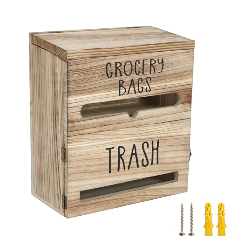 2 in 1 Trash Bag Dispenser, Double Wall Mounted,Wood Trash Bag Holder, used in kitchen, garage, laundry room, can store Environmentally friendly food bags (White/Brown(10inch*5.5inch*12.2inch）) - color: White/Brown(10inch*5.5inch*12.2inch）