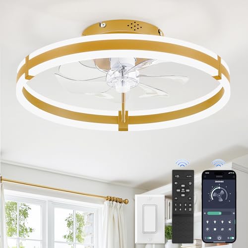 ZMISHIBO Ceiling Fans with Lights and Remote, 19.7'' Low Profile Ceiling Fan, 3000-6000K Dimmable Modern Flush Mount LED Fan Light, 6 Wind Speeds, Gold Fandelier Ceiling Fans for Bedroom - color: Gold, size: 19.7 INCH