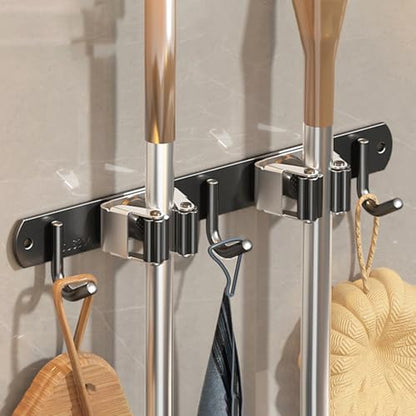 Wall-Mounted Broom Holder Stainless Steel Mop Storage Rack Laundry Room Storage Solution Suitable for Kitchens, Gardens, Garages (Black: 2 clips with 3 hooks) - color: Black: 2 clips with 3 hooks