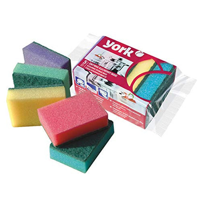 York Scouring Sponge Non-Abrasive Cleaning Scouring Heavy-Duty Scrub Sponge for Kitchen Scratch Proof Utensil Scrubber Pads for Pots, Pans, Non-Stick Cookware Sponge for Kitchen-5 Piece Multicolour
