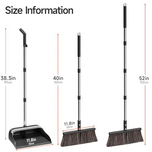 CTIME Broom and Dustpan Set, Extra Brush Head & 52" Adjustable Long Handle Standing Dustpan Set, with Dust Pan Teeth to Clean Pet Hair, Easy Sweeping Suitable for Home Kitchen Office Lobby
