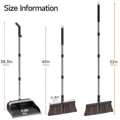 CTIME Broom and Dustpan Set, Extra Brush Head & 52" Adjustable Long Handle Standing Dustpan Set, with Dust Pan Teeth to Clean Pet Hair, Easy Sweeping Suitable for Home Kitchen Office Lobby