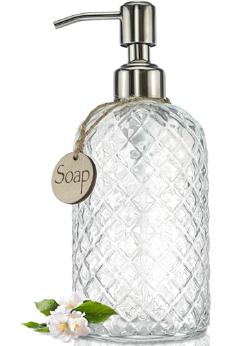 JASAI 18Oz Gem Patterned Clear Glass Soap Dispenser with Rust Proof Pump, Refillable Hand soap Dispenser for Kitchen, Premium Bathroom Soap Dispenser for Dish Soap, Hand soap, Lotion(Clear). - color: Clear
