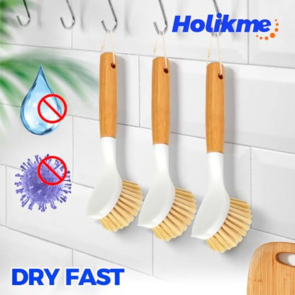 Holikme 3 Pack Dish Brush Set with Bamboo Handle, Kitchen Cleaner for Cleaning Pot, Pan, Sink and Stove, Scrubber with Medium Bristles, Yellow - color: Yellow
