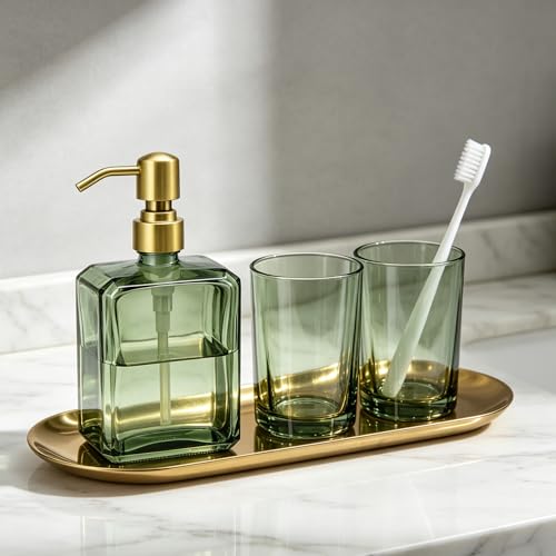 Green Glass Soap Dispenser Square 13.5 oz | Refillable, Rectangular, Rust Proof Stainless Steel Pump, For Bathroom Vanity & Kitchen Countertop - color: Green Bottle and Brushed Gold Pump, size: 13.5oz-Square