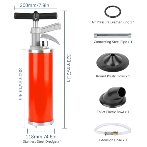 Portable High Pressure Kinetic Toilet Plunger Air Drain Blaster Pump for Bath Toilets Bathroom Shower Kitchen Clogged Pipe (Red) - color: Red