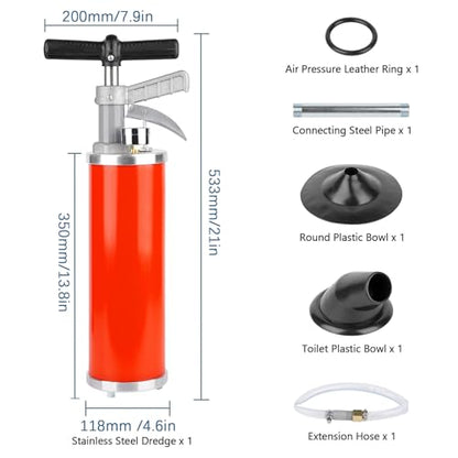 Portable High Pressure Kinetic Toilet Plunger Air Drain Blaster Pump for Bath Toilets Bathroom Shower Kitchen Clogged Pipe (Red) - color: Red