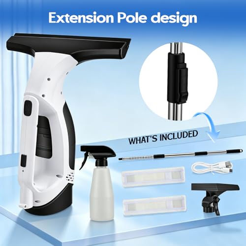 Window Vacuum Squeegee Cordless with Extension Pole 31-40", 2000Pa Window Cleaner Tool with 2200mAh & 150ml Dirty Water Tank, Reusable Cleaning Cloth Head, for Shower Door, High Window &Car Windshield