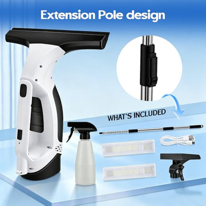 Window Vacuum Squeegee Cordless with Extension Pole 31-40", 2000Pa Window Cleaner Tool with 2200mAh & 150ml Dirty Water Tank, Reusable Cleaning Cloth Head, for Shower Door, High Window &Car Windshield