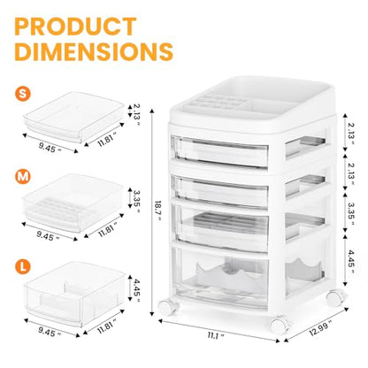 Rolling Cart with 4 Drawers, Clear Plastic Drawer Organizers, Dust Proof Under Desk Storage for Makeup, Skincare, Art Crafts and Baby Items, Acrylic Cosmetic Organizer with Dividers, Vanity Cart - size: 4 Tier