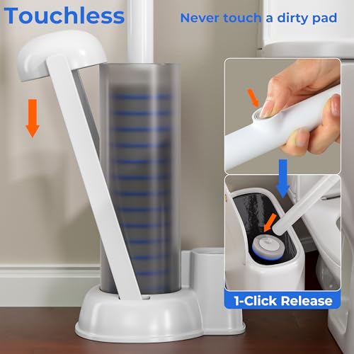 Disposable Toilet Brush and Holder Set - Hands-Free Eject Sponge Toilet Wand with Floor Standing Caddy, Secure-Lock Hangable Toilet Scrubber