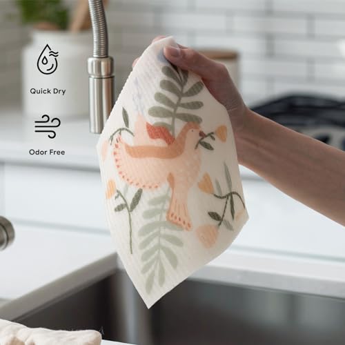RECYCO Swedish Dishcloths for Kitchen | 6 Pack Birdsong and Blooms Washable Dish Rags | Cellulose Reusable Cleaning Paper Towels | Absorbent Counter Dish Cloth Sponge Kitchen Wipes, 8" L x 7" W - color: Birdsong and Blooms - 6 Pack