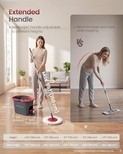 SONGMICS Spin Mop and Bucket Set with Pedal Wringer, Floor Cleaning Mop, Adjustable Telescopic Handle, Max. 59.1-Inch Length, 360° Rotating Head, 1 Microfiber Pad, Gray and Red ULMB002GT01 - color: Gray + Red, size: 1 Pad