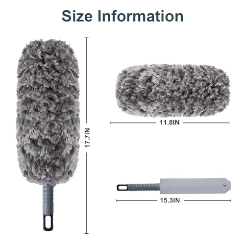 Lint Free 16.8'' Hand Duster,Microfiber Duster with Reusable and Washable Dusting Head for Household Cleaning,Furniture,Car (Black&Grey)