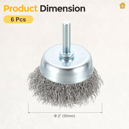 Wire Cup Brush for Drill, 6pcs 2in Crimped Wire Brush for Drill with 1/4in Shank, [for Light Rust Deburring Paint Removal] - 0.012in Stainless Steel Wires