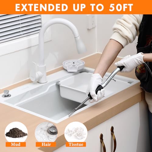 Threlaco 50 ft Drain Auger Plumbing Snake for Heavy Deep Blockages 3/8" Diameter Flexible Plumbing Cables Drain Snake for Kitchen Bathroom Shower Sink Cleaning Drainage Clogs - size: 50 Ft, 3/8" Diameter
