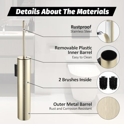 BGL Toilet Brush and Holder Set Brushed Gold Wall Mounted for Bathroom Round Design - color: Brushed Gold-wall Mount
