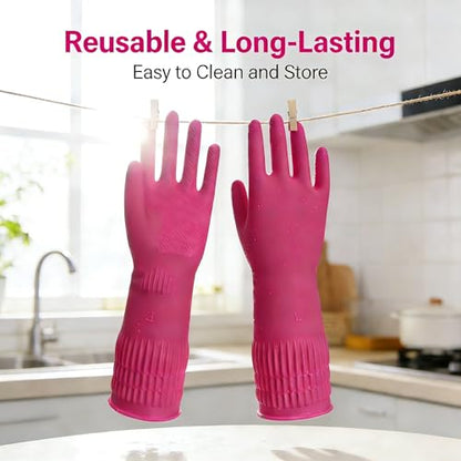 Long Cuff Rubber Cleaning Gloves for Household and Kitchen, Durable Dishwashing Gloves with Textured Grip, Medium Size Protection Reusable for Deep Cleaning, Mopping, and Car Detailing, Pink