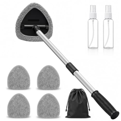 25.5" Extra-Long Reach – Super Absorbent Coral Velvet Windshield Cleaner Tool, Streak-Free Windshield Cleaning Tool Kit with 5 Pads, 2 Spray Bottles & Storage Bag for Auto Glass & Home Windows, Gray - color: Gray