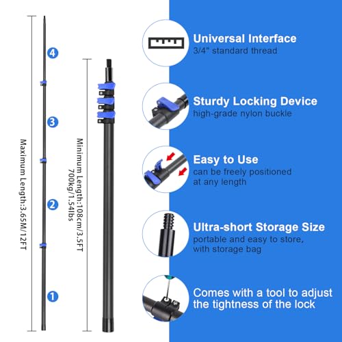 DOBEN 12-Foot Carbon Fiber Window Cleaner Tool with Telescopic Extension Pole, Rotating Scrubber & Squeegee - Sturdy Lightweight Design for Indoor/Outdoor Glass Cleaning - size: 12FT