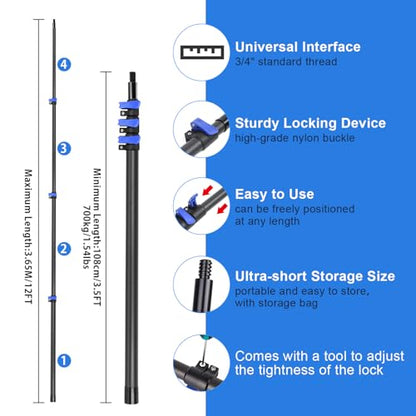 DOBEN 12-Foot Carbon Fiber Window Cleaner Tool with Telescopic Extension Pole, Rotating Scrubber & Squeegee - Sturdy Lightweight Design for Indoor/Outdoor Glass Cleaning - size: 12FT