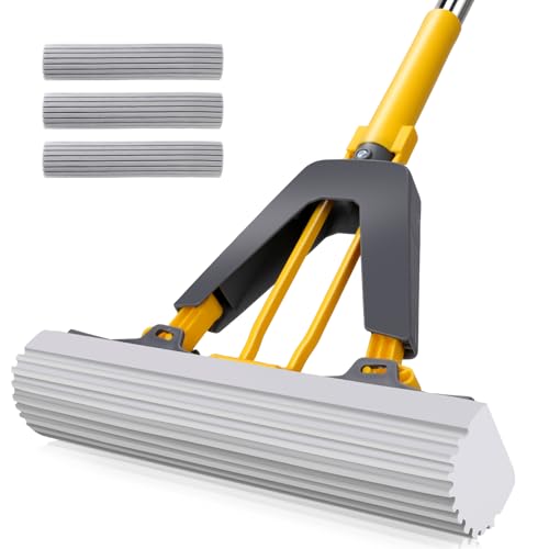 Masthome Sponge Mop,Roller Sponge Mop with 3 Absorbent PVA Mop Refills,Self Squeeze Sponge Mops and Stainless Steel Handle,PVA Sponge Mops for Floor Cleaning - color: Yellow