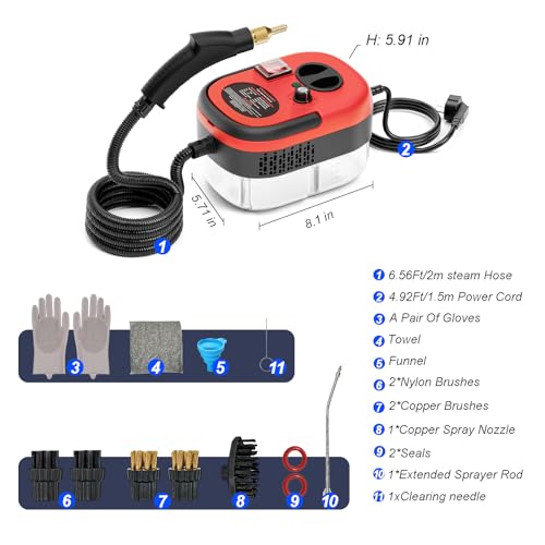 Portable High-Pressure Handheld Steam Cleaner, 14-Piece Accessories, 6 Steam Levels, 15s Heat-Up,chemical-free Cleaning Tile, Grout, Dirt, Grease & Car Detailing (black＆Red) - color: red