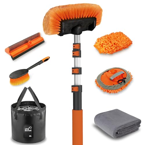 LAANPOLE 16FT Car Wash Brush with Long Handle, Car Cleaning Kit with Soft Bristle Wash Brush, Microfiber Cleaning Mop, Window Squeegee, Mitt, Wheel Brush, Bucket, Drying Towel for RV, Truck, Boat - size: 16FT