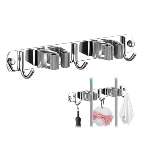 Upgrade Broom Holder Wall Mount, 304 Stainless Steel Mop & Broom Storage Organizer with Hooks, Self-Adhesive or Screw Install for Bathroom Garage Kitchen (grey, 2 Racks and 3 Hooks) - color: grey, size: 2 Racks and 3 Hooks