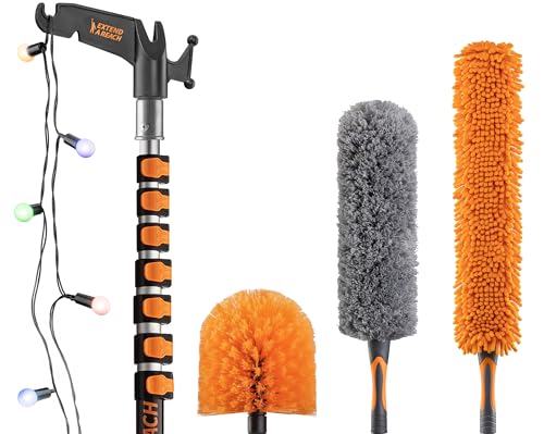 7-30 ft Long Telescopic Extension Pole with Utility Hook and High Reach Dusting Kit // for Christmas Lights Installation, Birdfeeders // Cobweb Brush, Feather Duster & Flexible Ceiling Fan Duster