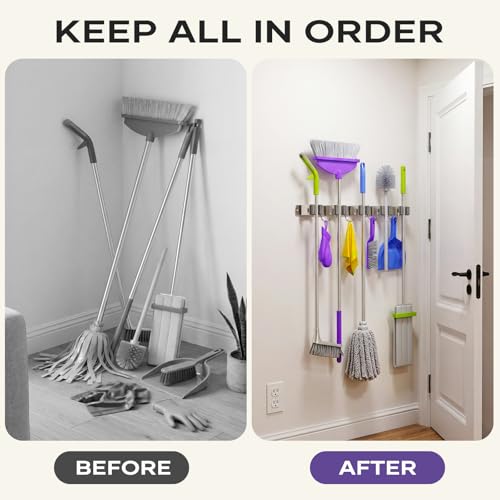 Broom Mop Holder Wall Mount, Heavy Duty Stainless Steel Mop Organizer with 5 Clamps and 4 Hooks, Wall Mounted Cleaning Tool Storage Rack for Home, Garage, Laundry Room and Garden