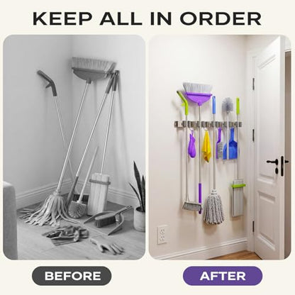 Broom Mop Holder Wall Mount, Heavy Duty Stainless Steel Mop Organizer with 5 Clamps and 4 Hooks, Wall Mounted Cleaning Tool Storage Rack for Home, Garage, Laundry Room and Garden